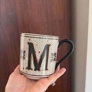 Anthropologie Tiled Margot Monogram Letter M Coffee Mug Mosaic Black White